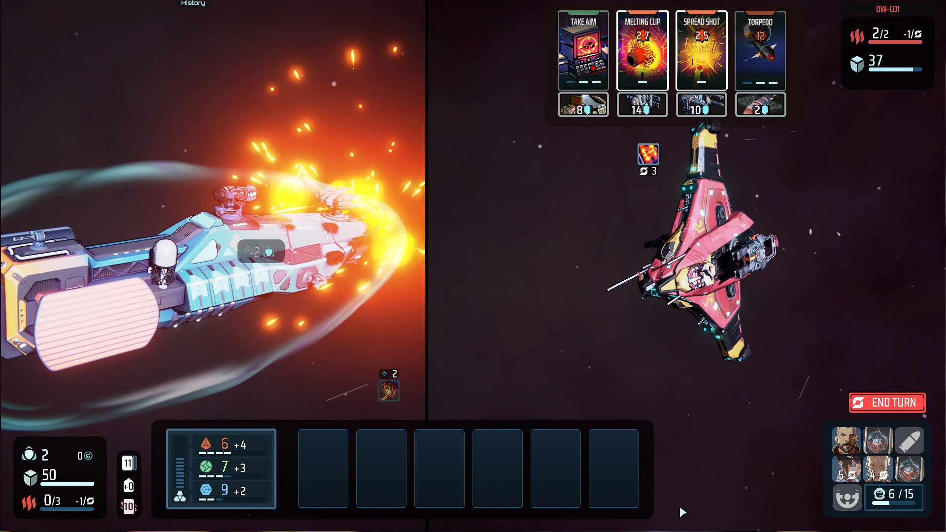 Breachway combat - Two ships clash in the space-based roguelike deckbuilder.