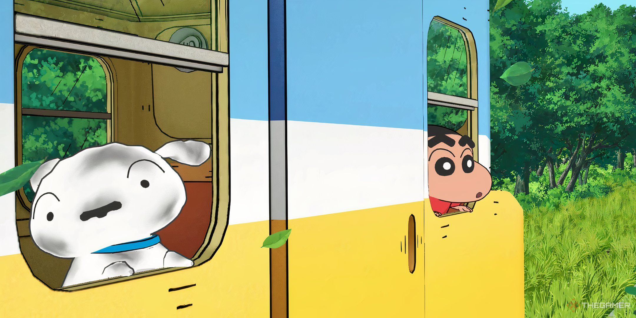 Shin-Chan and a coal-covered Shiro riding the mysterious train in Shin-Chan: Shiro And The Coal Town.