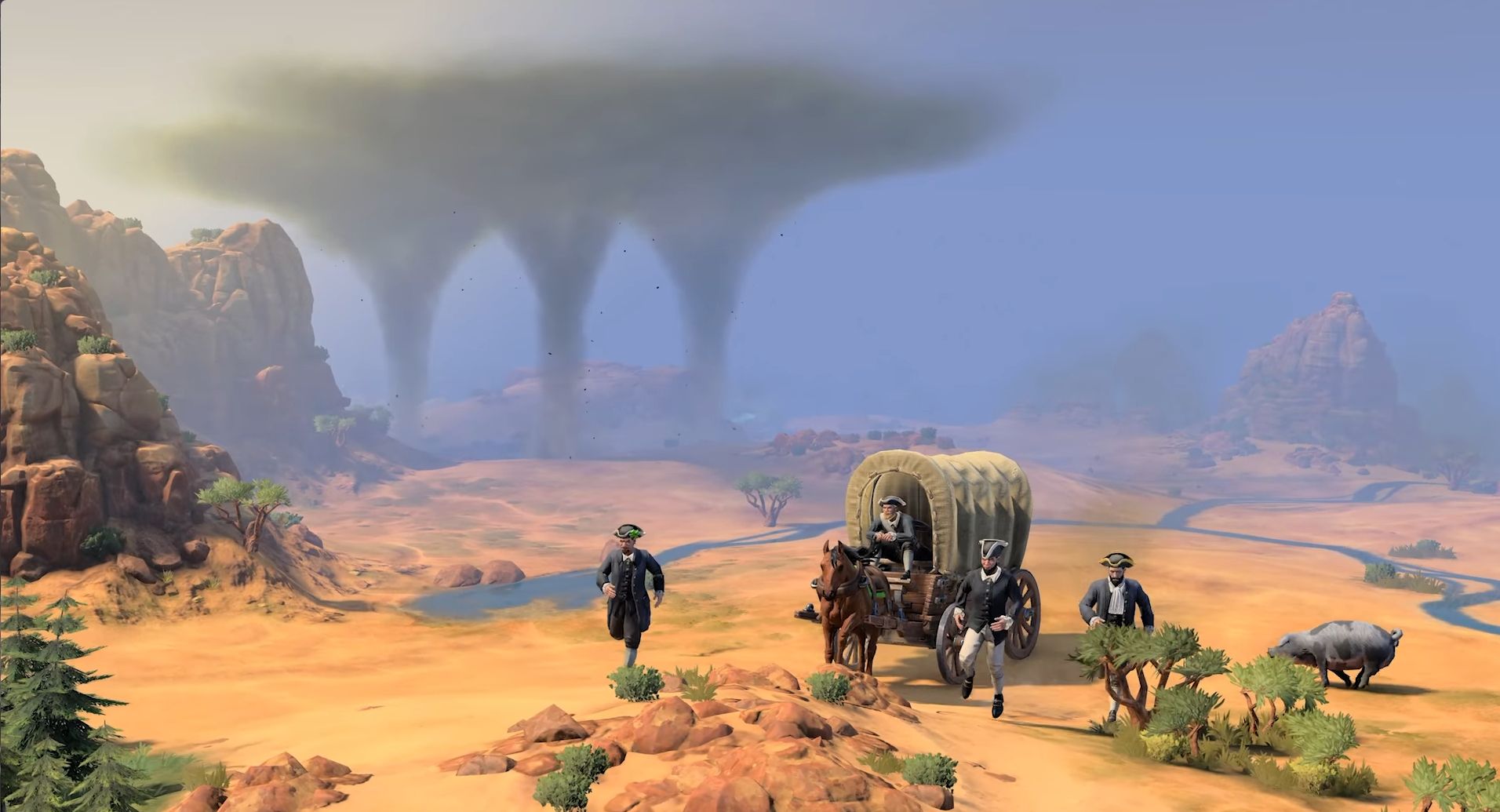 settlers in a covered wagon flee from a tornado system in civilization 7.