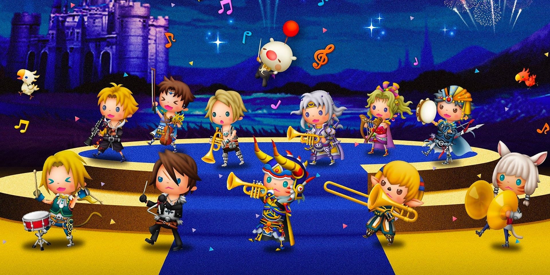 A bunch of characters in the Final Fantasy franchise playing various instruments on a blue and yellow stage in Theatrhythm Final Bar Line