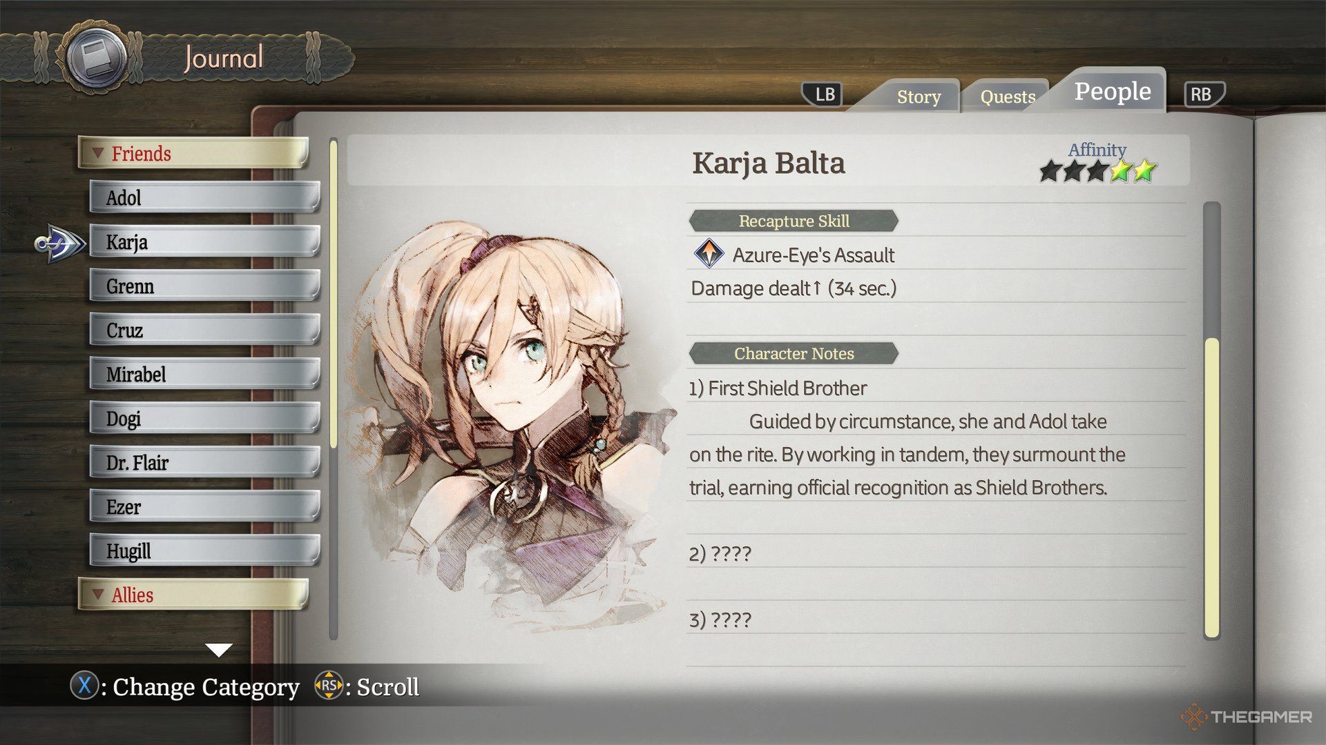 Viewing the character page of Kajra Balta in the Journal that shows the Affinity that the player has with the companion along with some other notes.