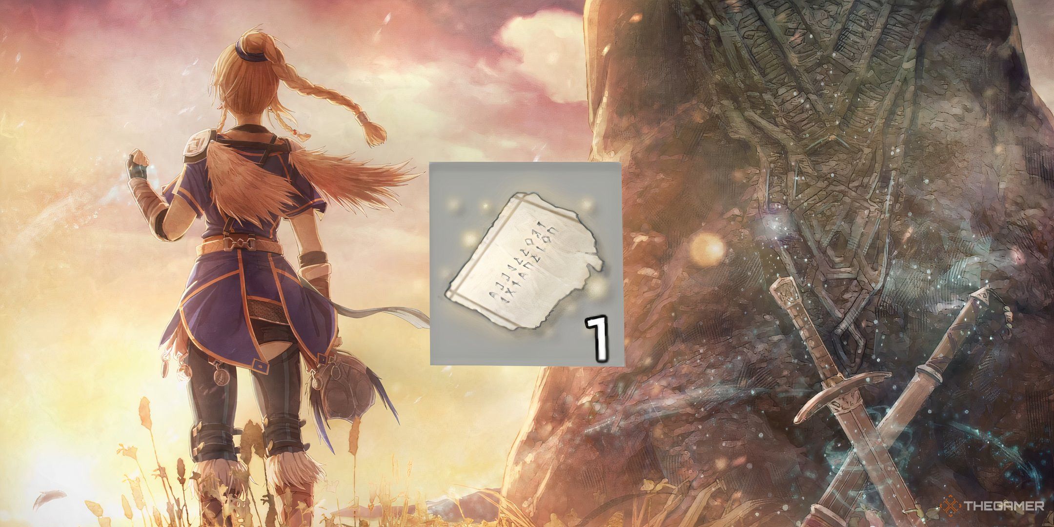 Ys X Nordics picture of blessed paper scrap with Karja and runestone.