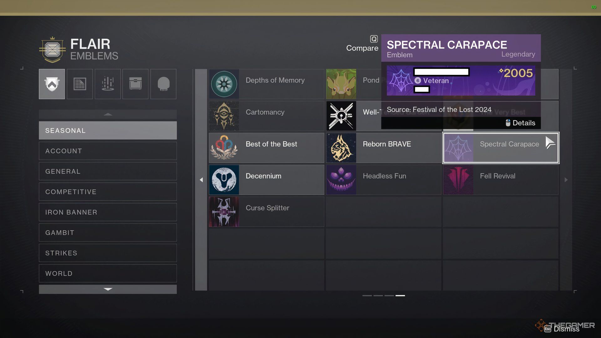 Spectral Carapace emblem found in the Flair section of the Collections in Destiny 2.