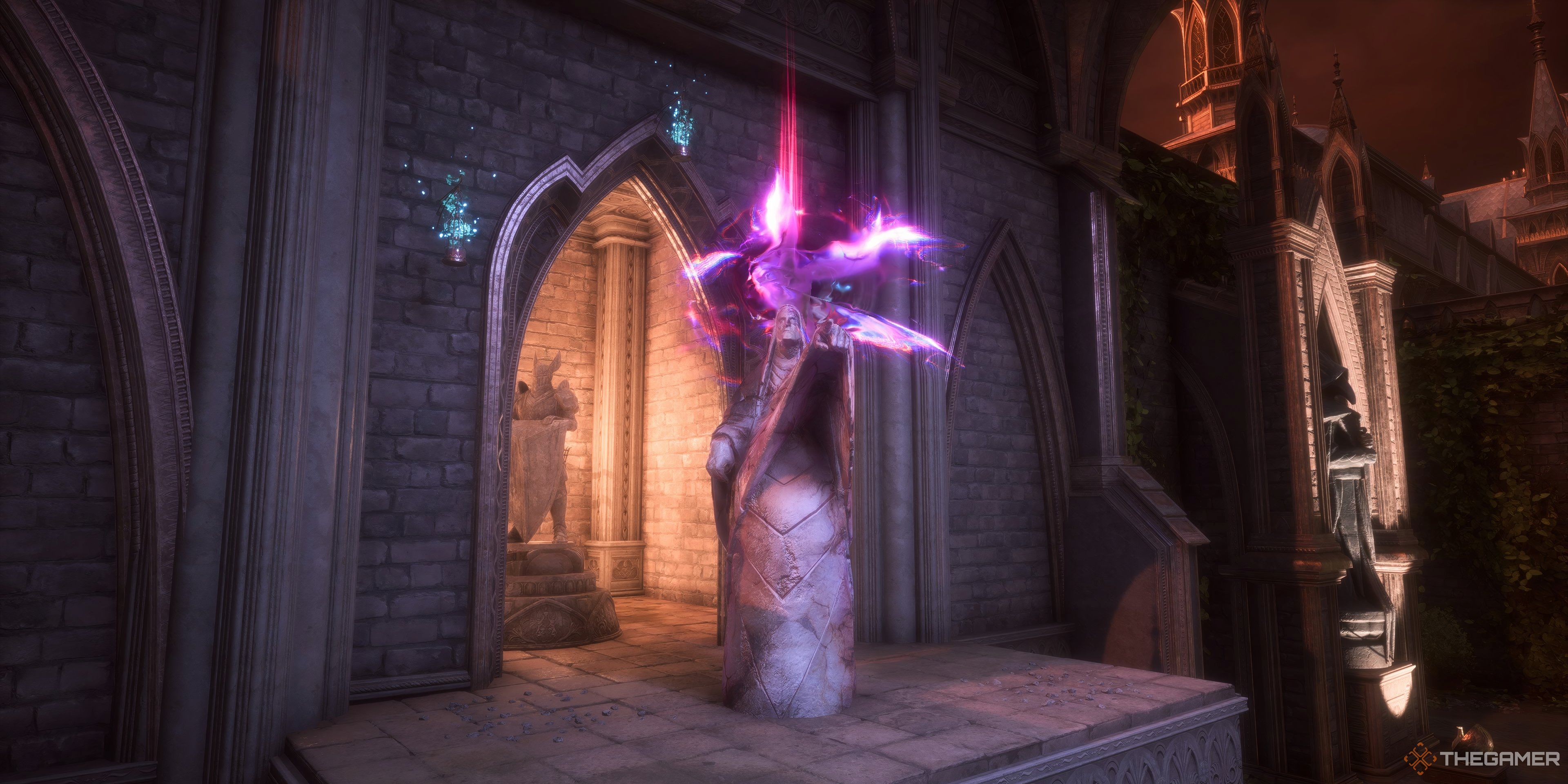 Statue with a glowing purple light above it pointing in a direction in Dragon Age: The Veilguard.