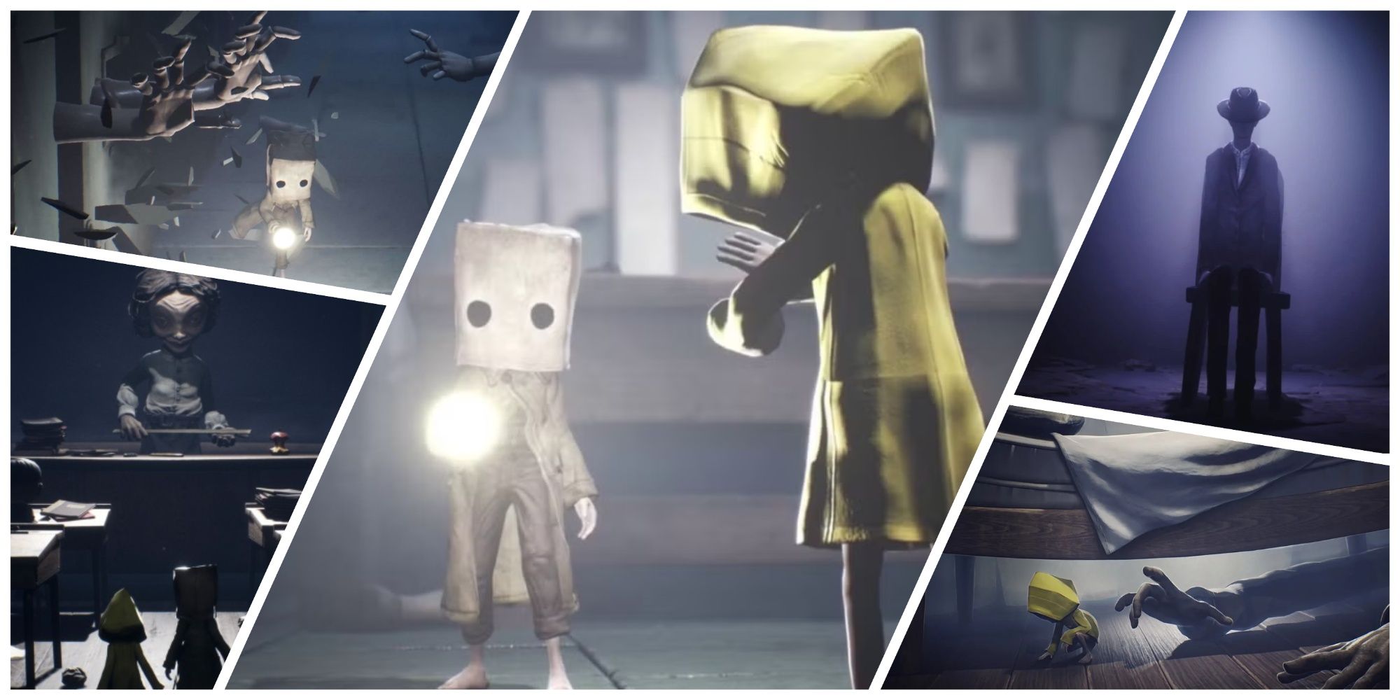 Mono and Six running from Teacher, Janitor and Thin Man in Little Nightmares 1 and 2