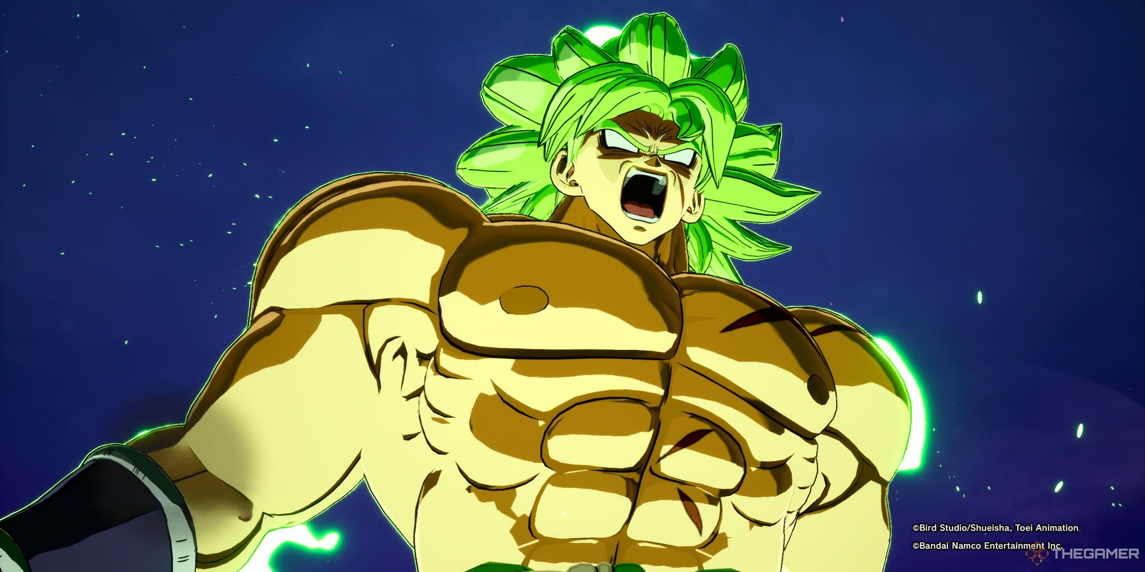 Broly screaming out in fury whilst in his super Saiyan full power form in Dragon Ball: Sparking Zero.