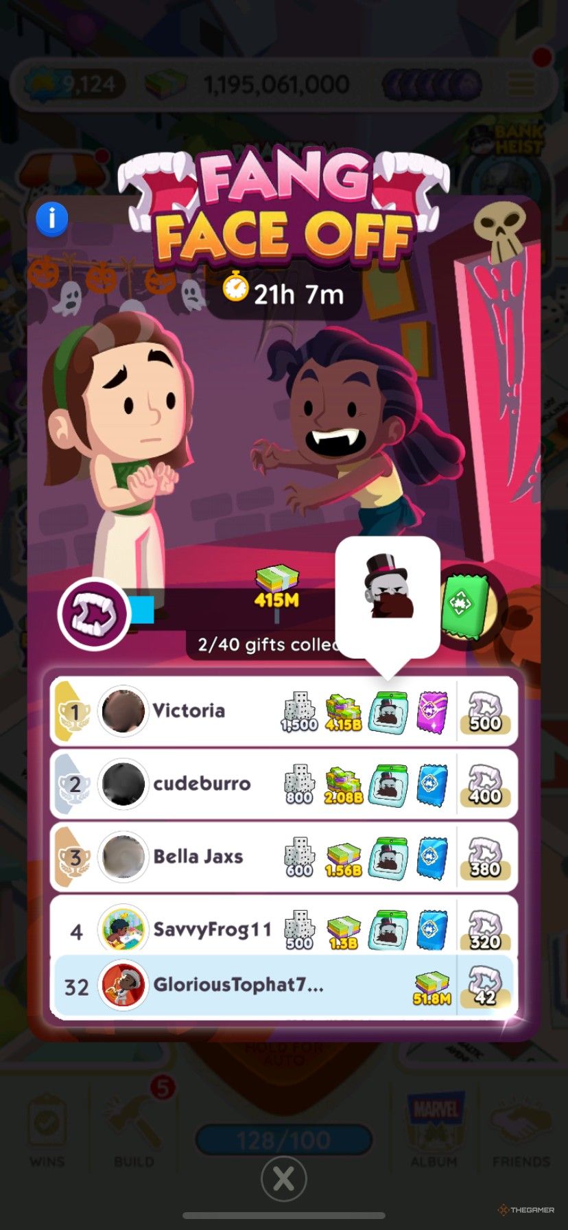 A leaderboard showing the new vampire emoji in Fang Face Off in Monopoly Go.