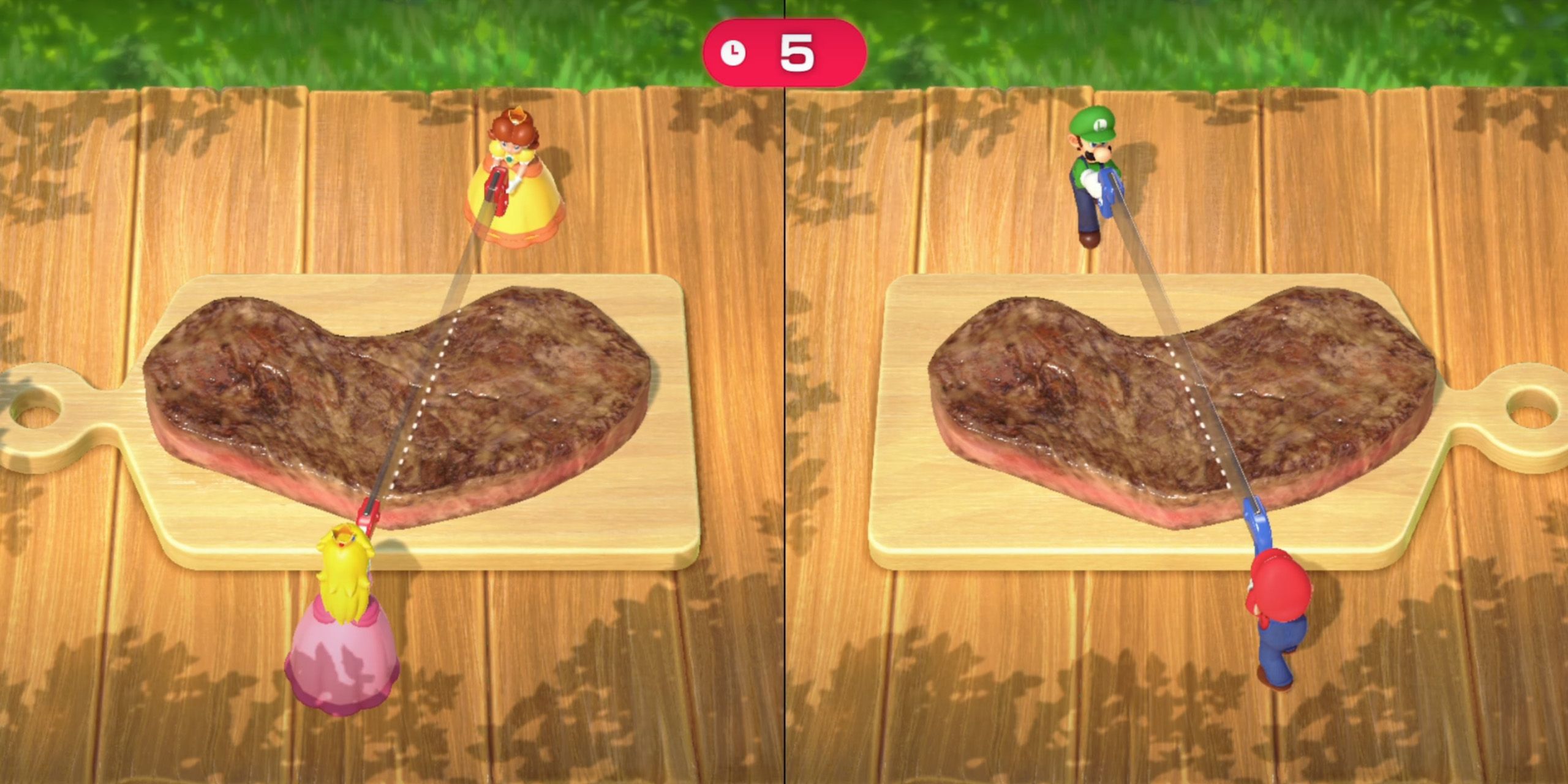 Mario and Luigi compete against Peach and Daisy to see who can cut a giant steak into two even parts from the Prime Cut minigame in Super Mario Party Jamboree.