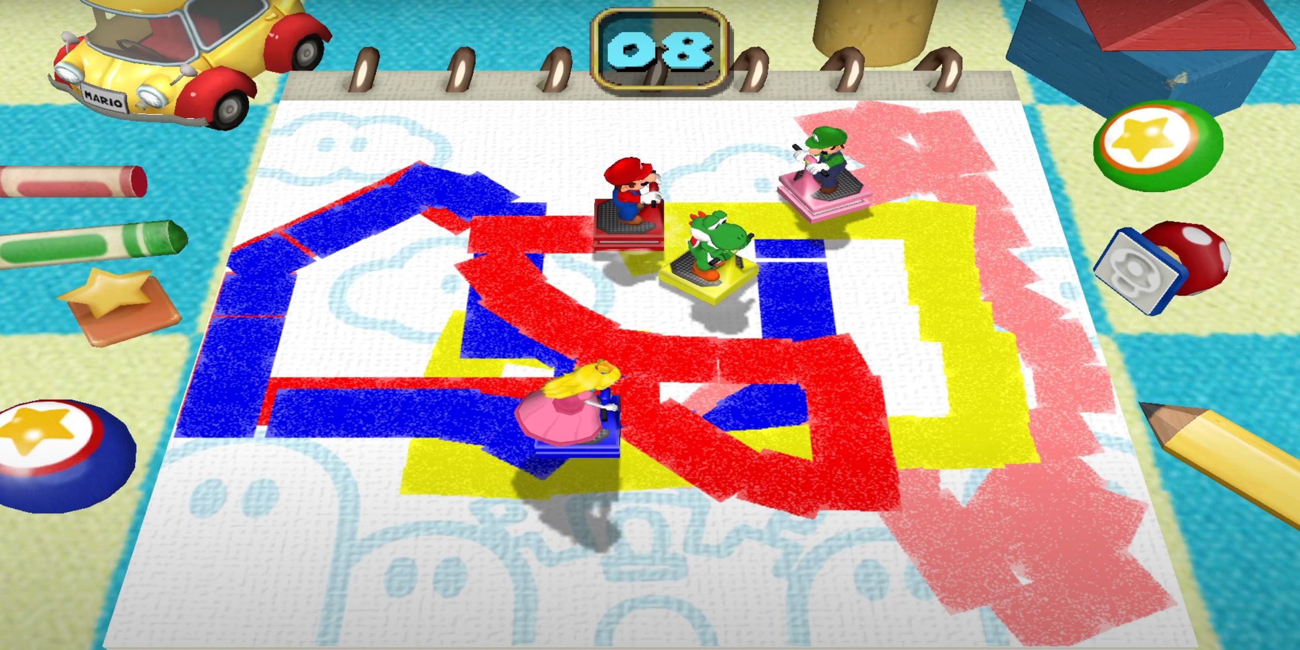 Mario, Luigi, Peach, and Yoshi using multicolored stamps to paint a giant piece of paper from the Stamp Out minigame in Mario Party 4.