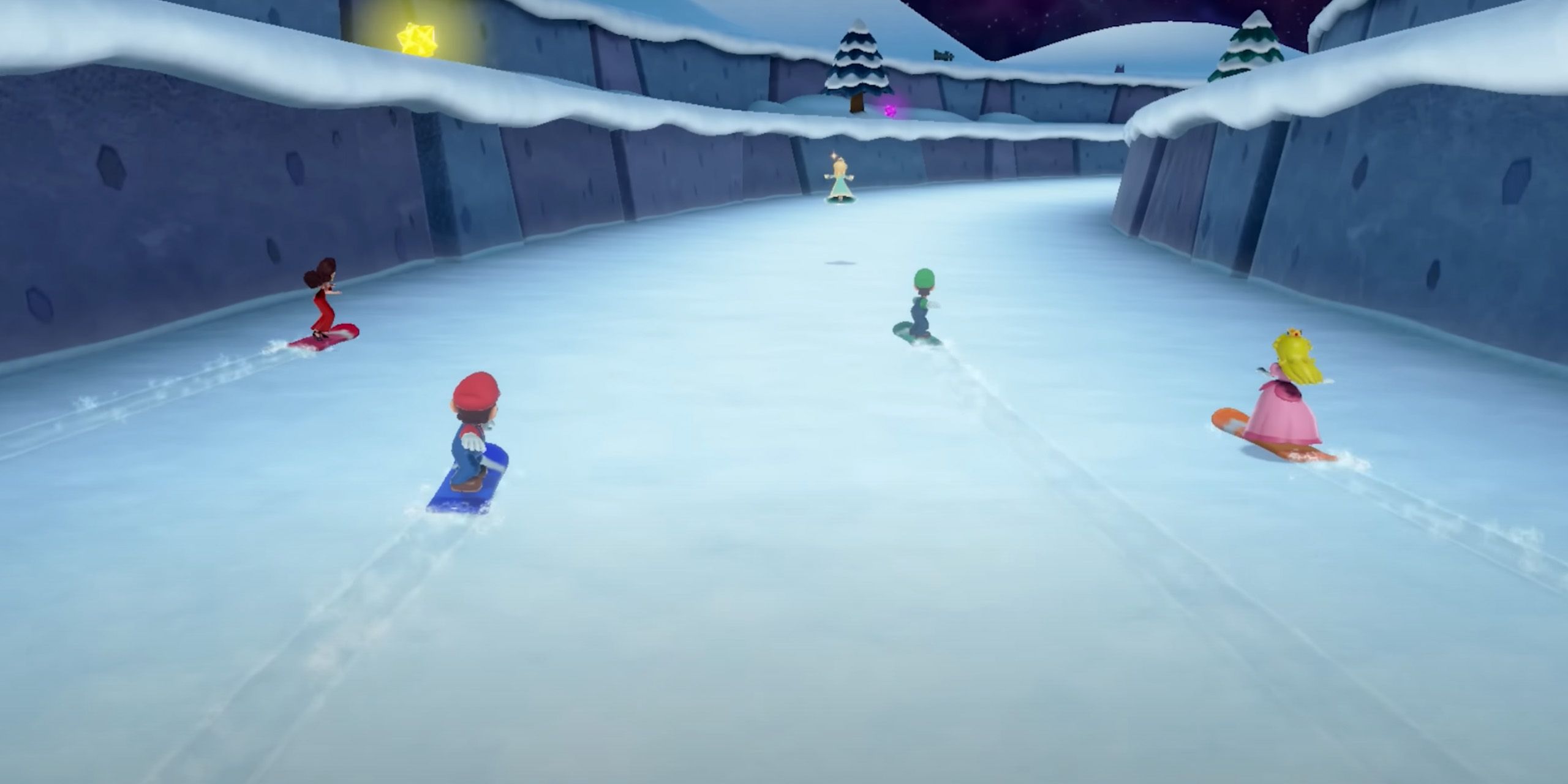 Pauline, Mario, Luigi, and Peach snowboarding down a snowy mountain from Rosalina's Radical Race in Super Mario Party Jamboree.