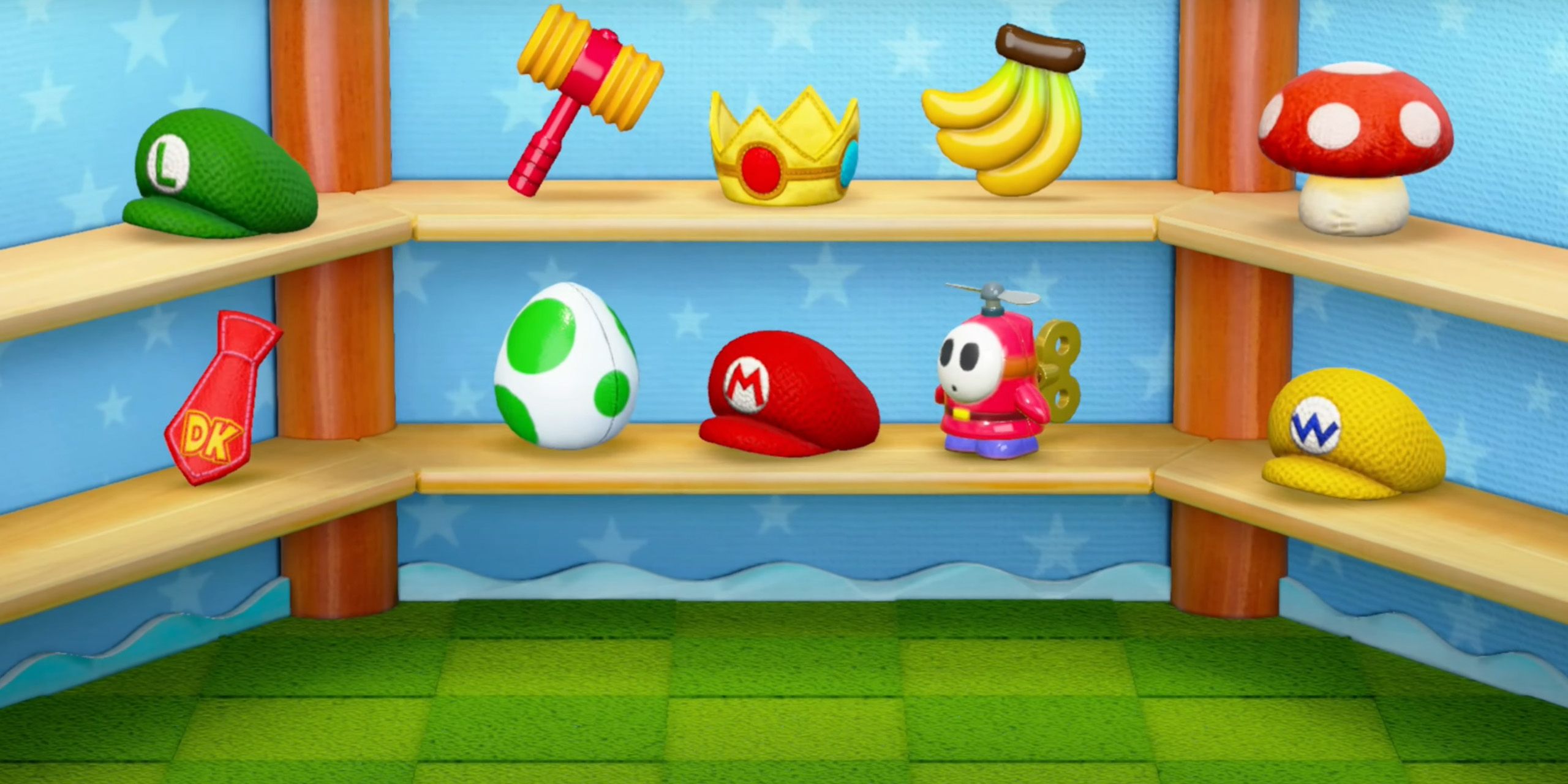 Two cluttered shelves from the Messy Memory minigame in Mario Party Superstars.