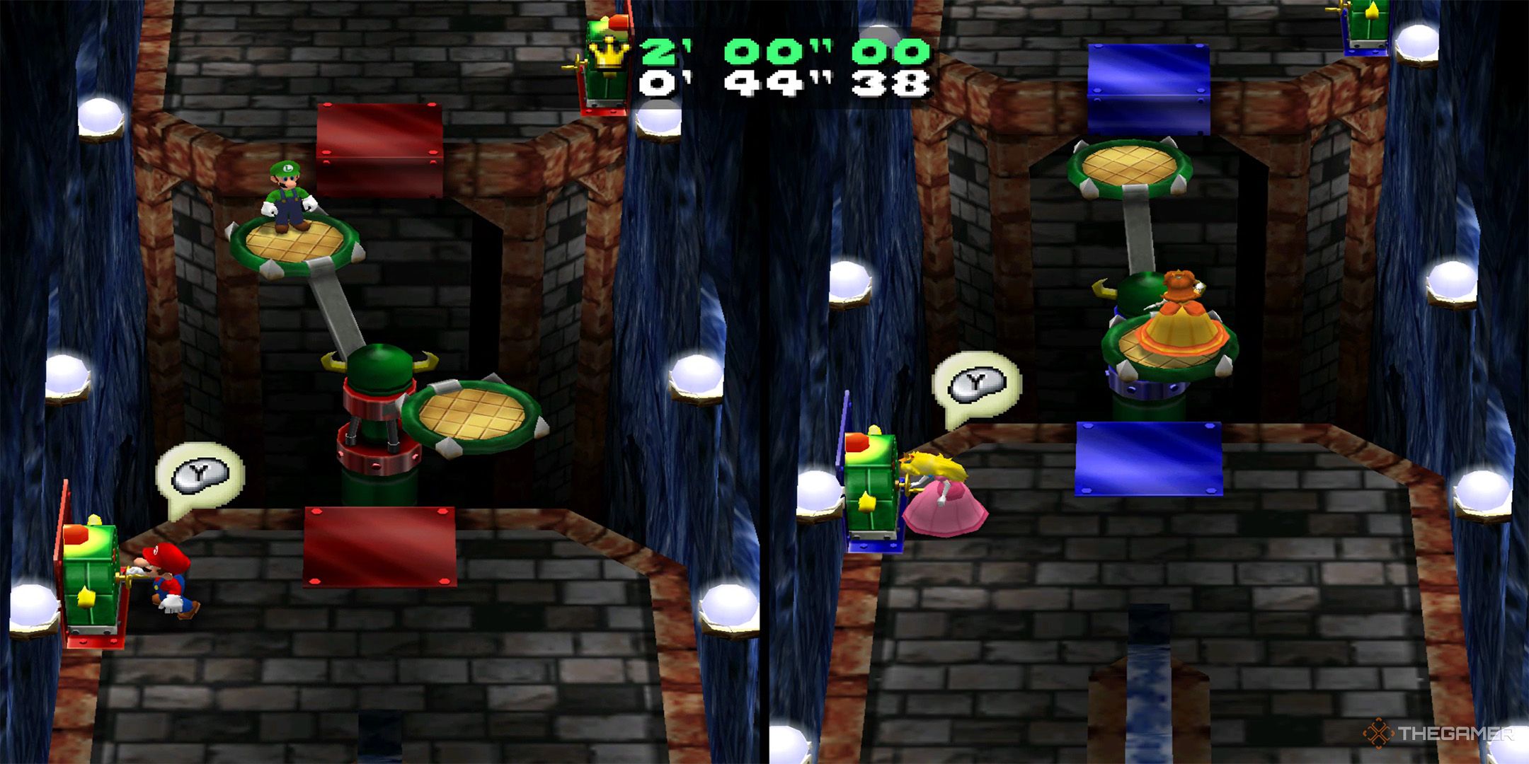 Mario, Luigi, Peach, and Daisy crossing a bottomless pit in the Dungeon Duos minigame from Mario Party 4.