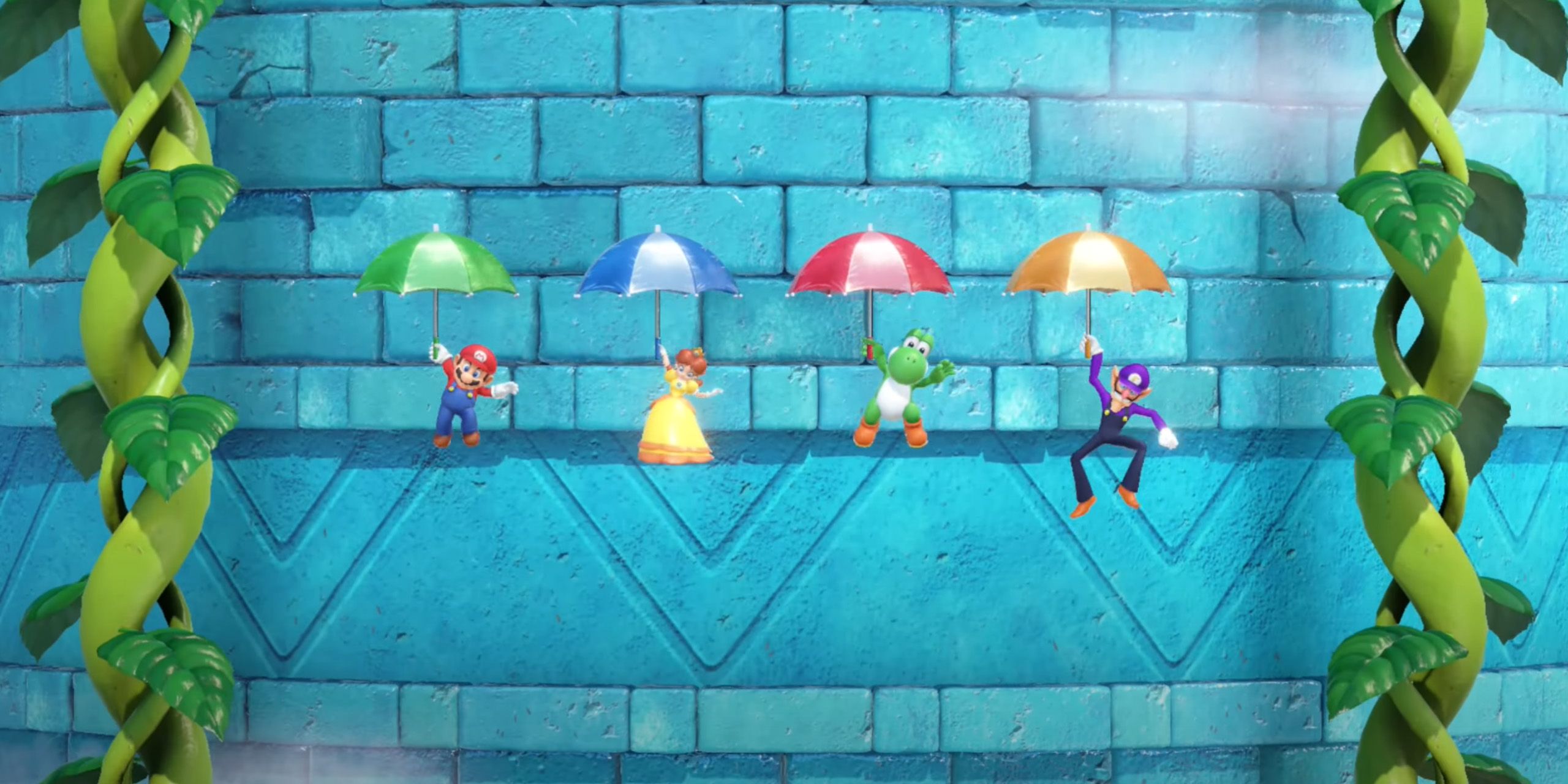 Mario, Daisy, Yoshi, and Waluigi using parasols to float in the air from the Parasol Plummet minigame in Mario Party Superstars.