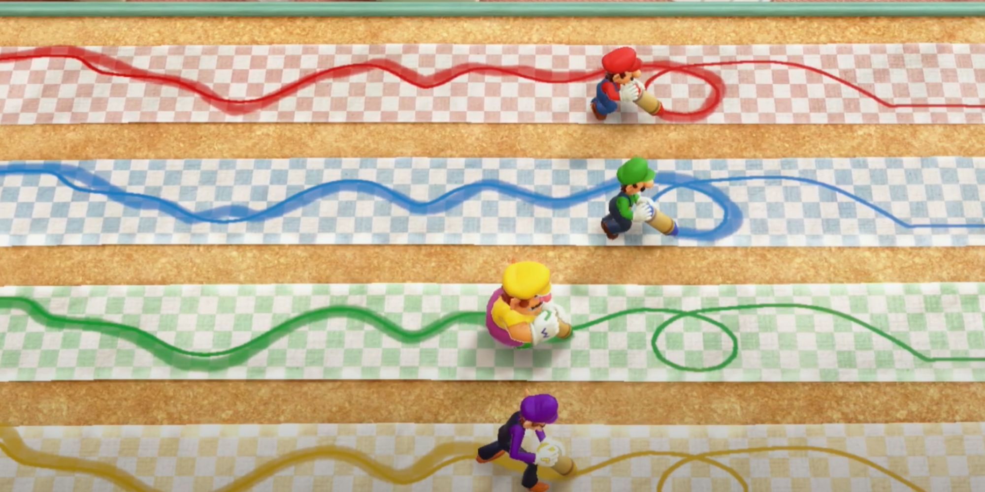 Mario, Luigi, Wario, and Waluigi use crayons to trace a line on the floor in Mario Part Superstars.