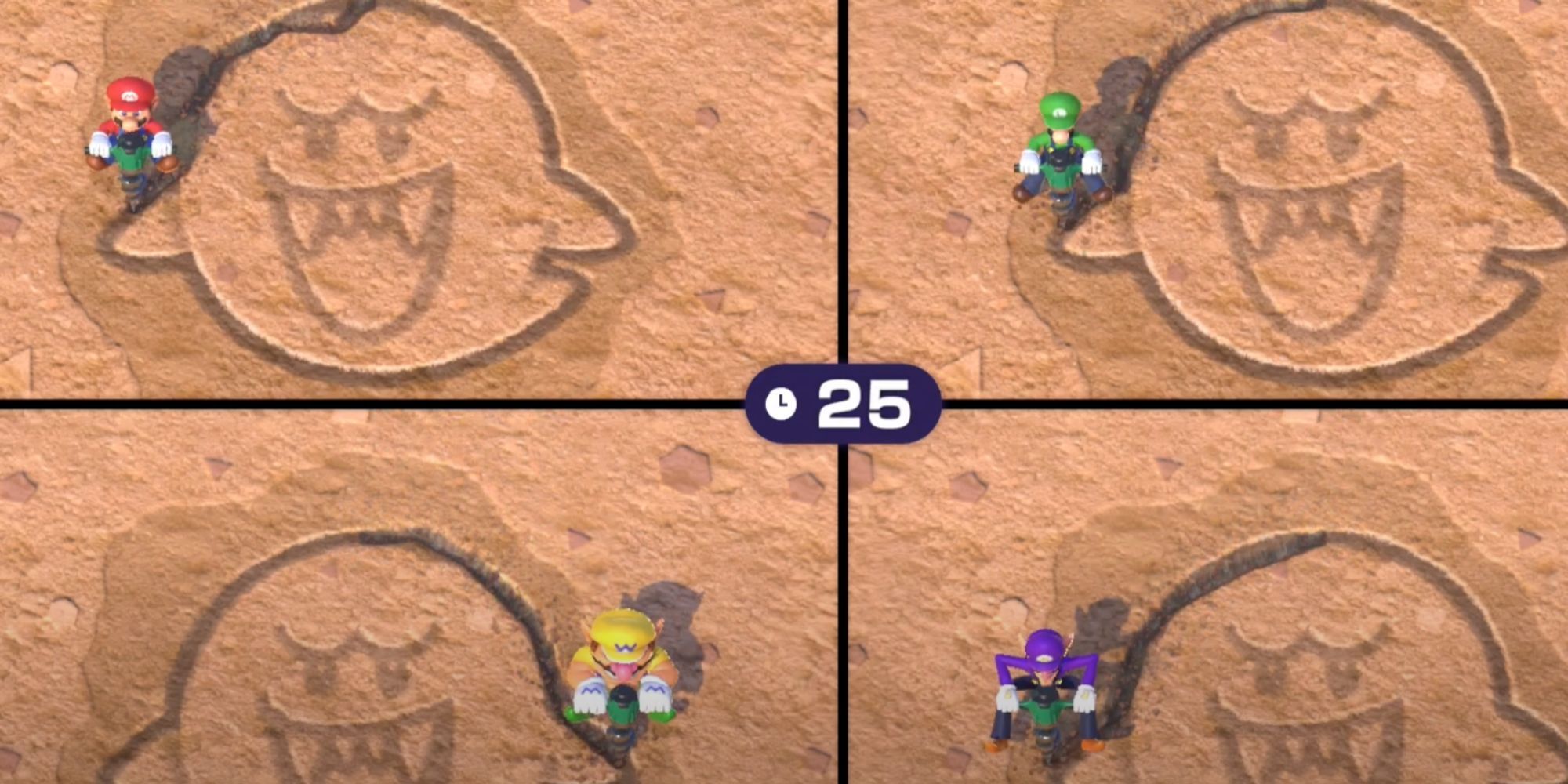 Mario, Luigi, Wario, and Waluigi use jackhammers to carve an image of a Boo into the ground from Mario Party Superstars.