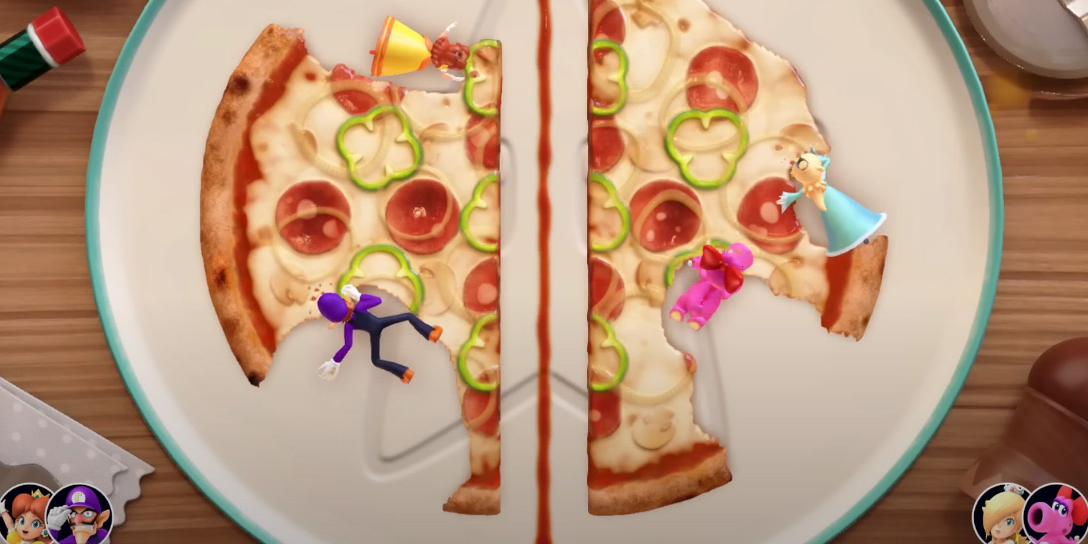 Waluigi, Daisy, Birdo, and Rosalina eating a giant pizza in Mario Party Superstars.