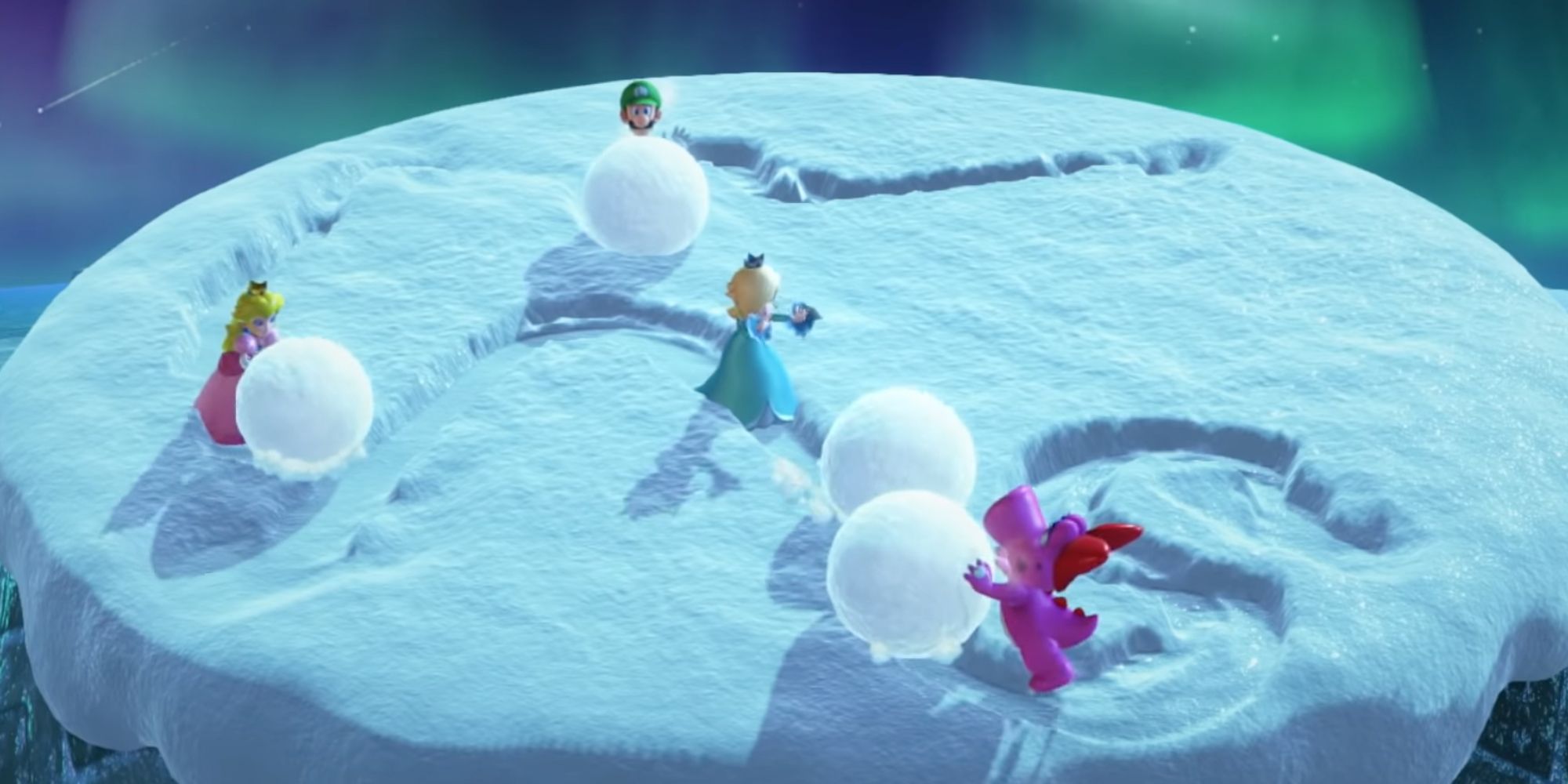 Rosalina, Birdo, Luigi, and Peach rolling giant snowballs in the Snowball Summit minigame from Mario Party Superstars.