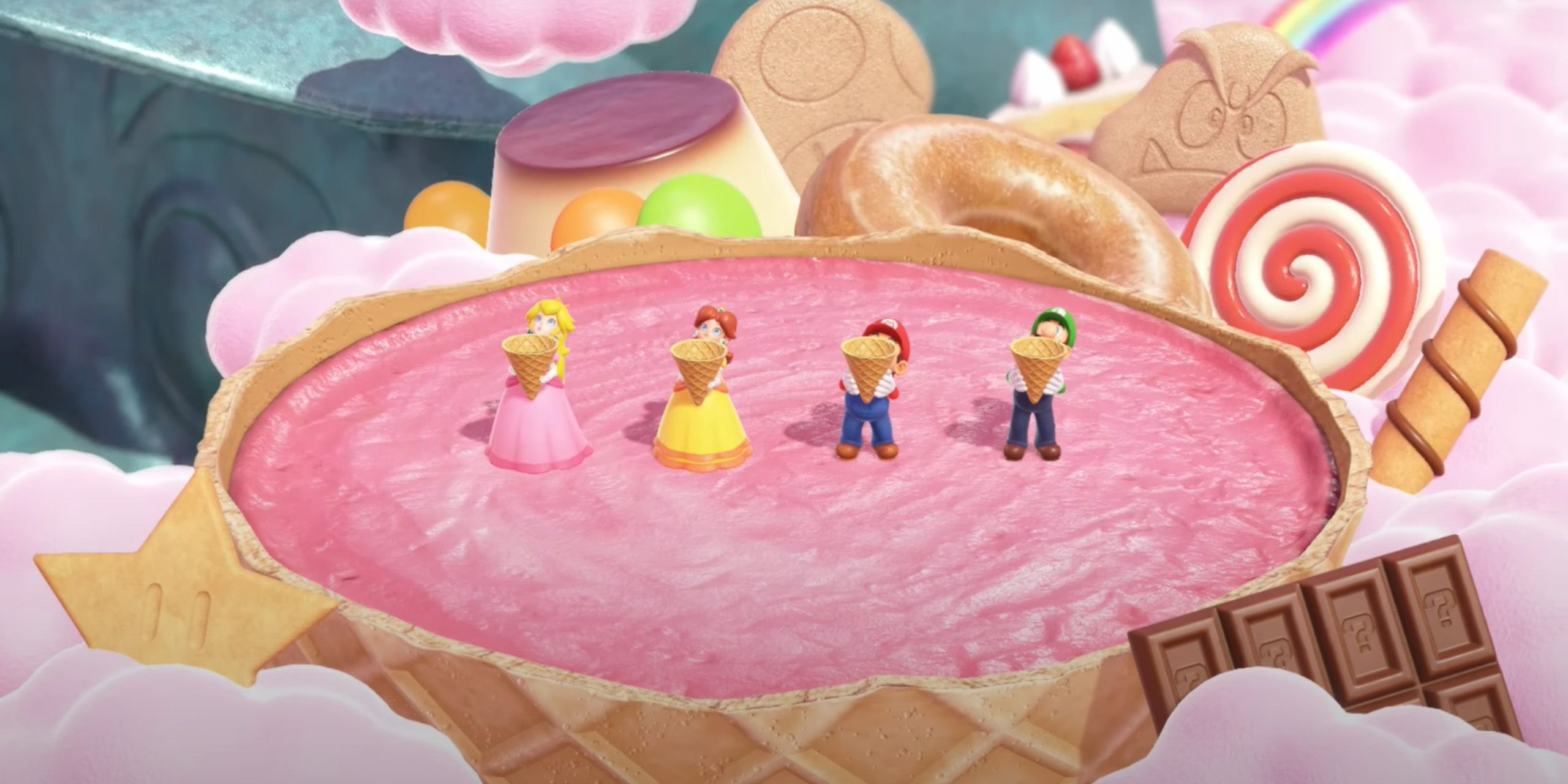 Peach, Daisy, Mario, and Luigi holding ice cream cones in a candy-filled world from the Coney Island minigame in Mario Party Superstars.