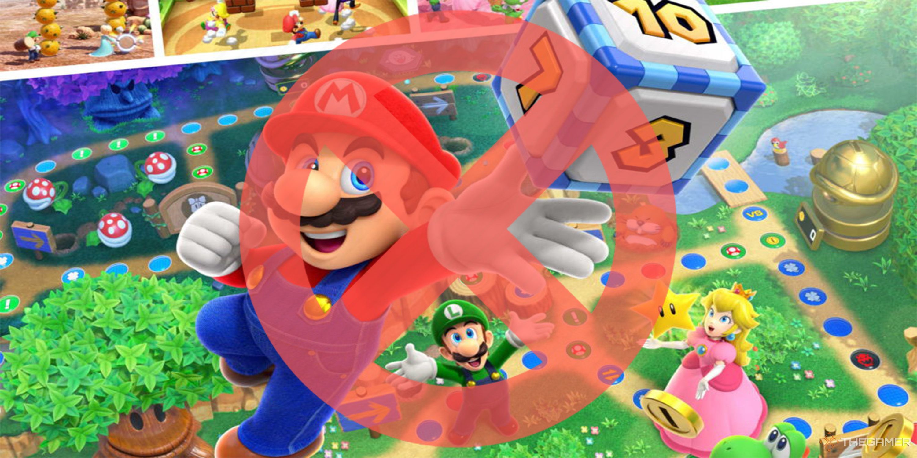 Mario, Luigi, and Peach play Mario Party in Woody Woods. The image is marked with a giant red 