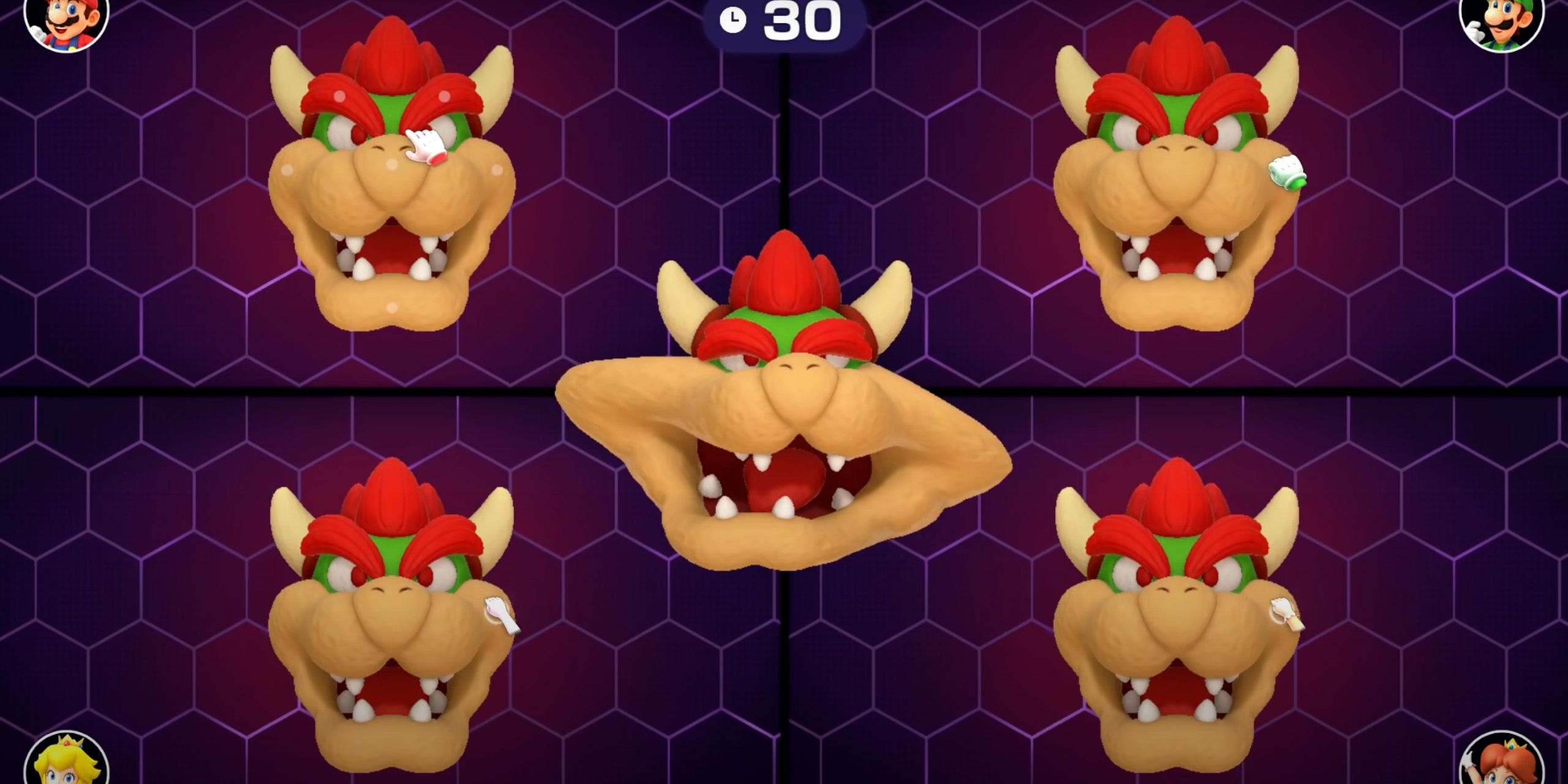 Four Bowser heads surround a contorted Bowser head in the Face-Lift minigame from Mario Party Superstars.