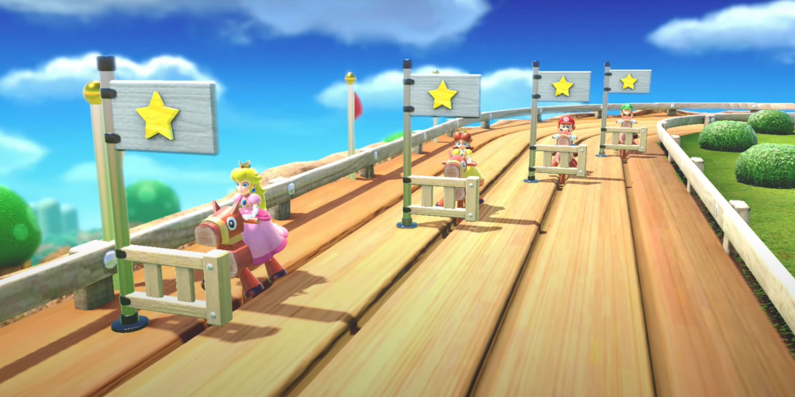 Peach, Daisy, Mario, and Luigi riding horses in the Rockin' Raceway minigame from Mario Party Superstars.