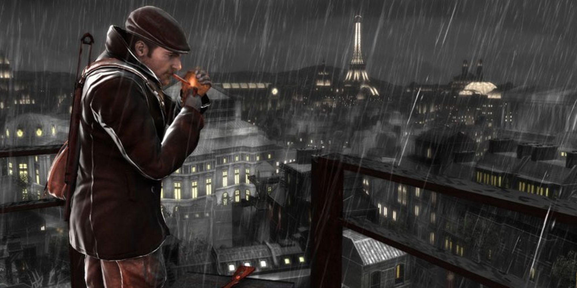 Sean Devlin lighting a cigarette on top of rooftop with a view of the Eiffel Tower in Paris in The Saboteur.