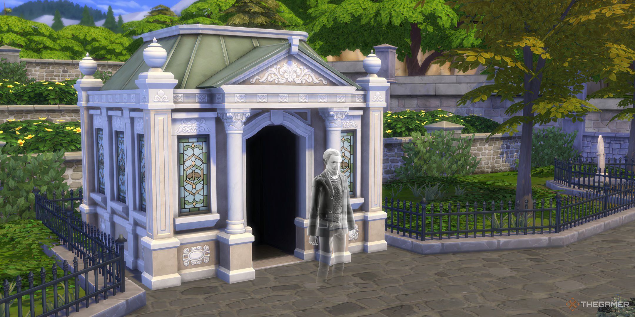 The Sims 4 life and death waylan outside his crypt.