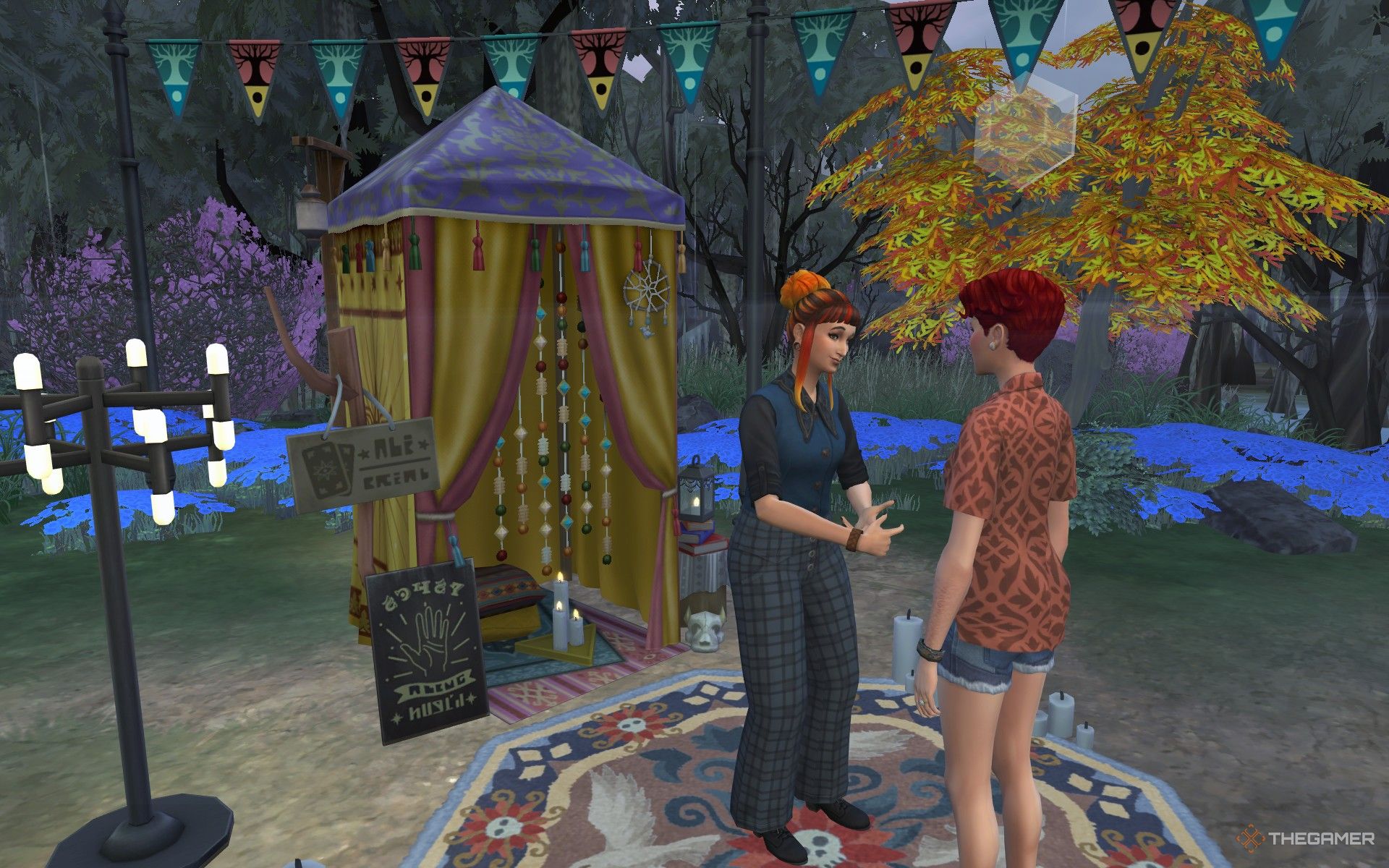 A Sim getting a tarot card reading at the Thinned Festiveil event in The Sims 4 Life and Death.