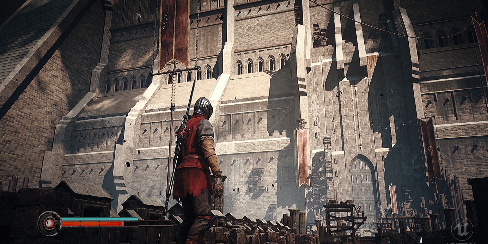 An armored warrior with a spear resting on his back gazing at the door of a giant stone castle.