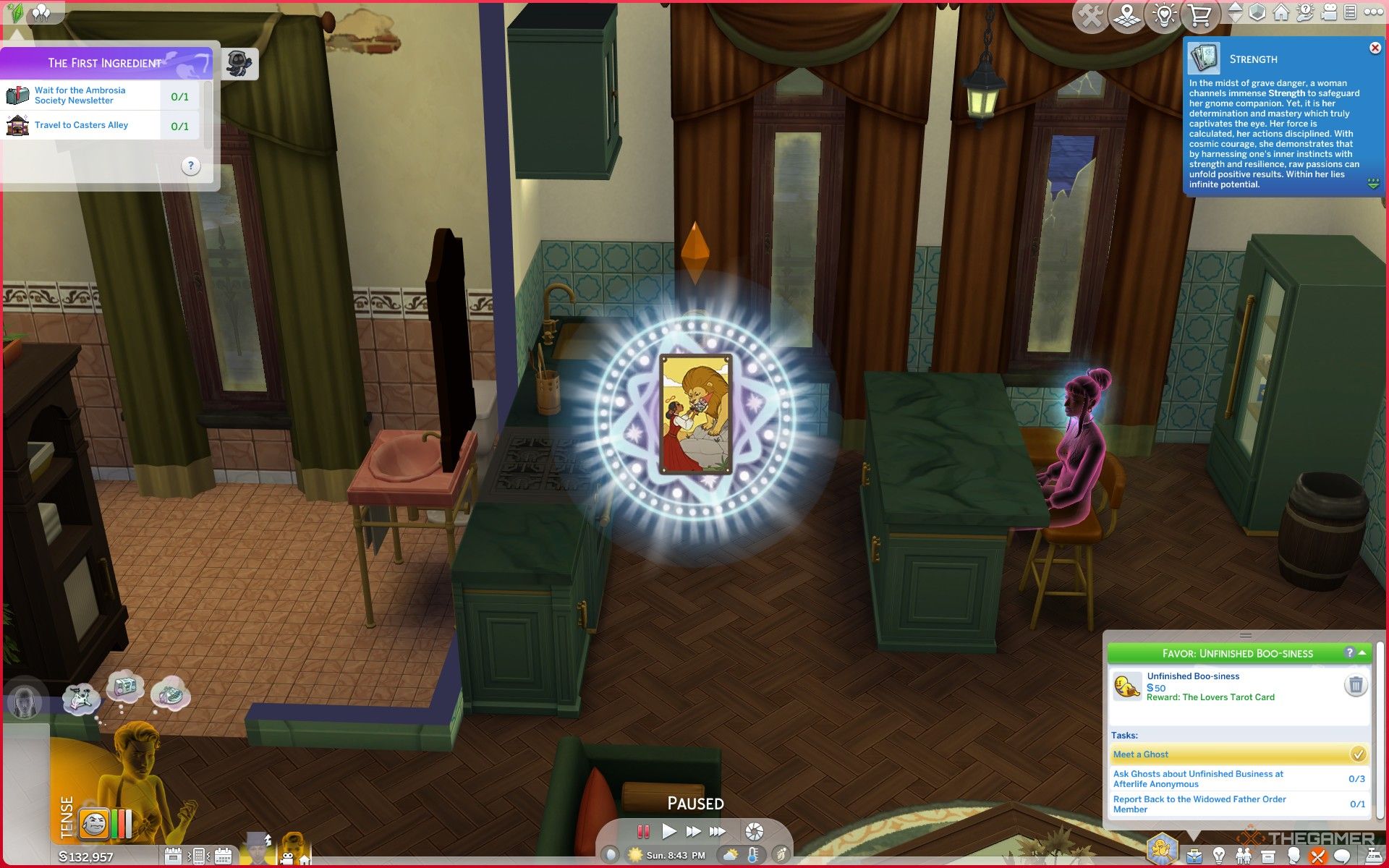 Strength tarot card in The Sims 4 Life and Death overlaid on top of Esther Gomes' house.