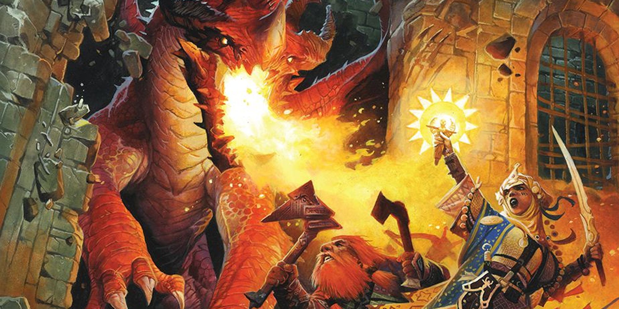 A warrior and spellcaster fight a dragon in Pathfinder.