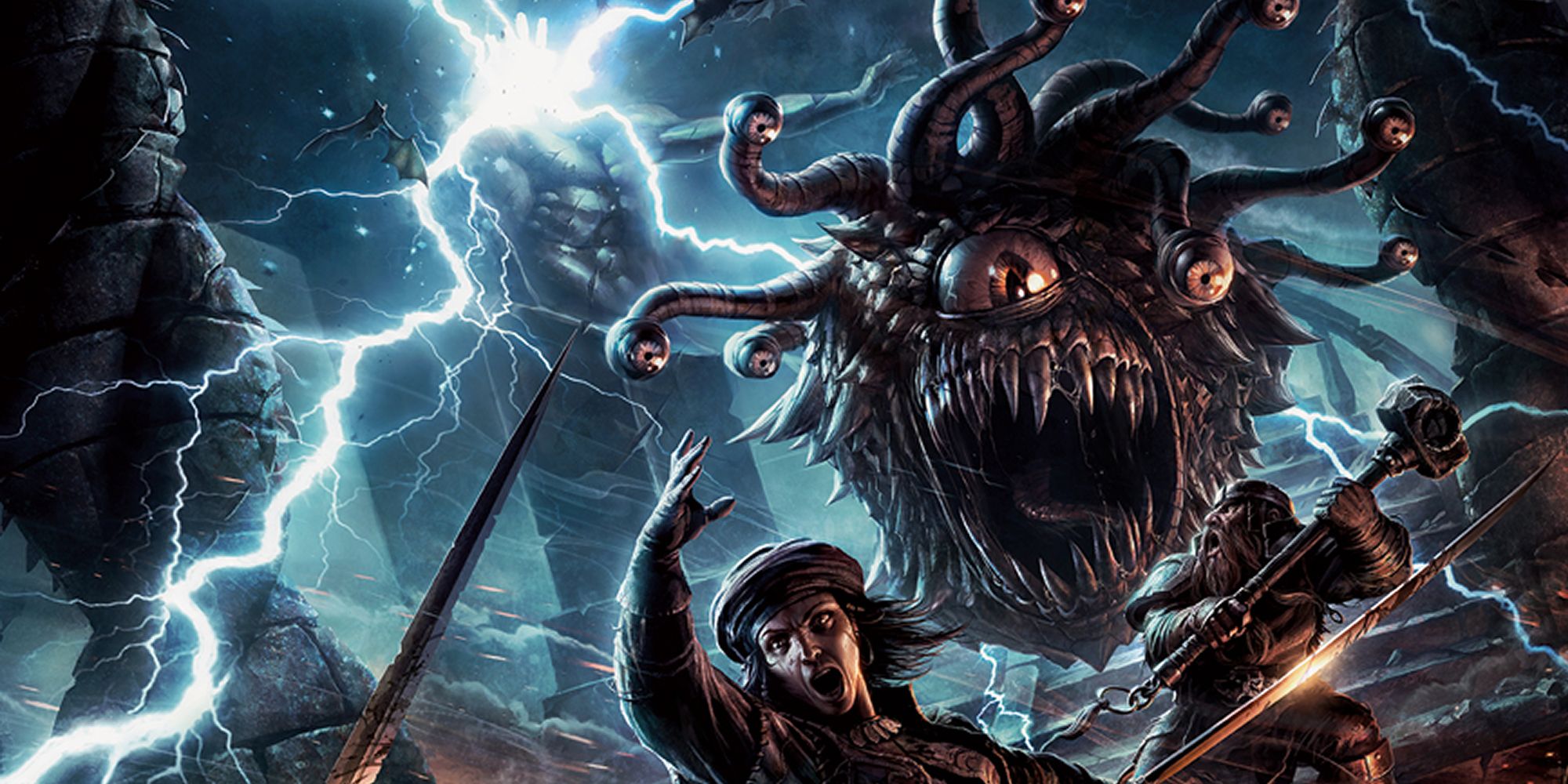 Adventurers flee from a beholder in Dungeons and Dragons.