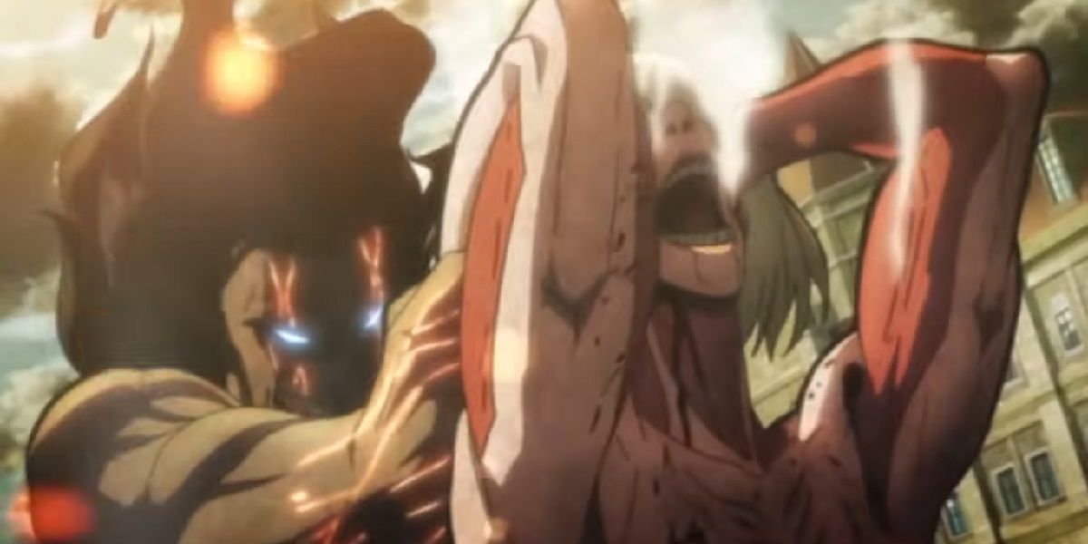 The Attack Titan fights the Female Titan in Attack On Titan.