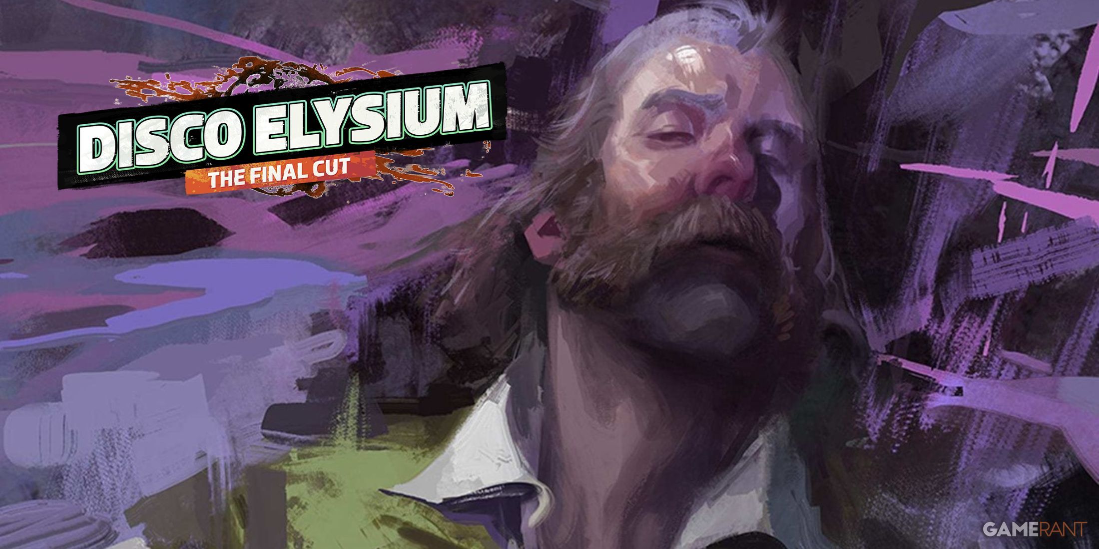 Official logo of Disco Elysium: The Final Cut superimposed over a screenshot of detective Harrier Dubois, the protagonist of the game