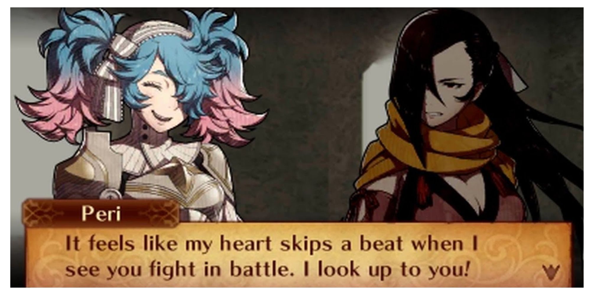 Peri, smiling, expressing admiration for Kagero, "It feels like my heart skips a beat when I see you fight in battle, I look up to you." Kagero notably looks displeased