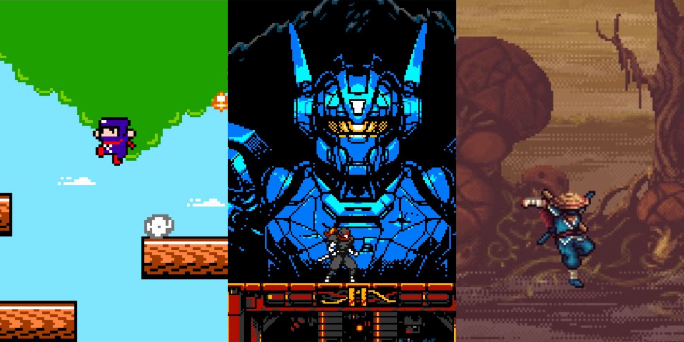 Retro ninja games L to R: Ninja Senki DX, Cyber Shadow, The Messenger