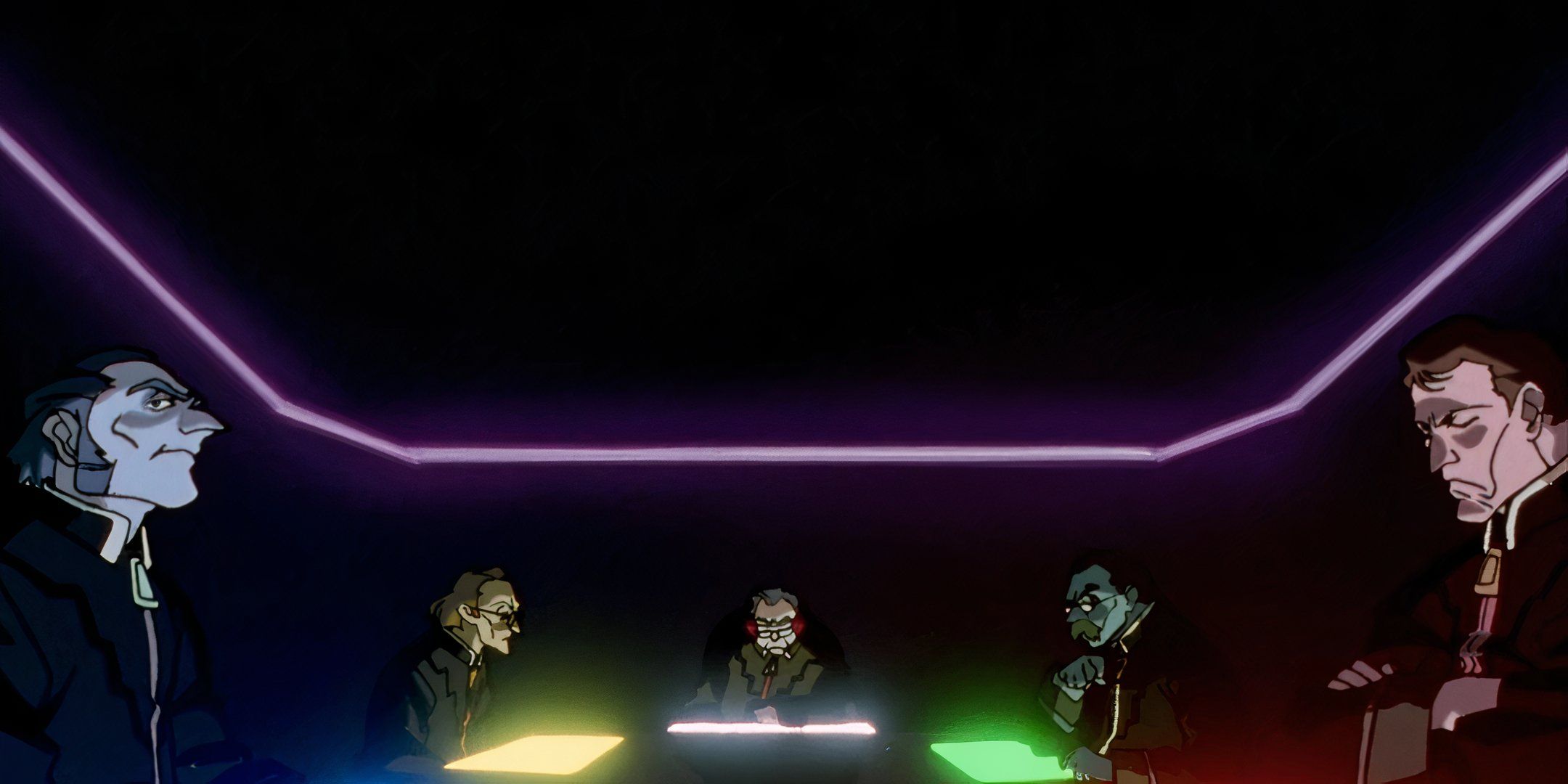 The SEELE members from Neon Genesis Evangelion sitting together.