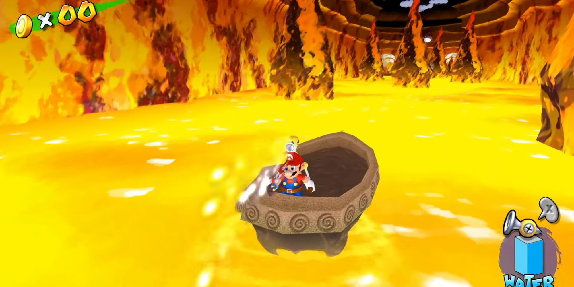 Mario uses F.L.U.D.D. to row a boat over lava in Super Mario Sunshine.