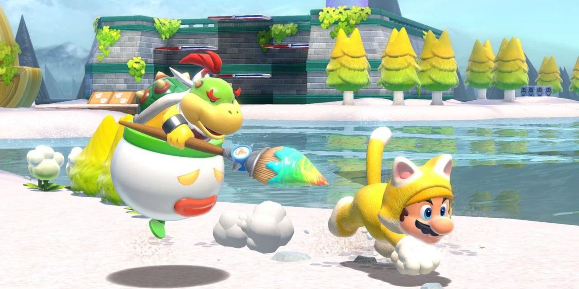 Bowser Jr. rides his clown car beside Cat Mario by the beach.