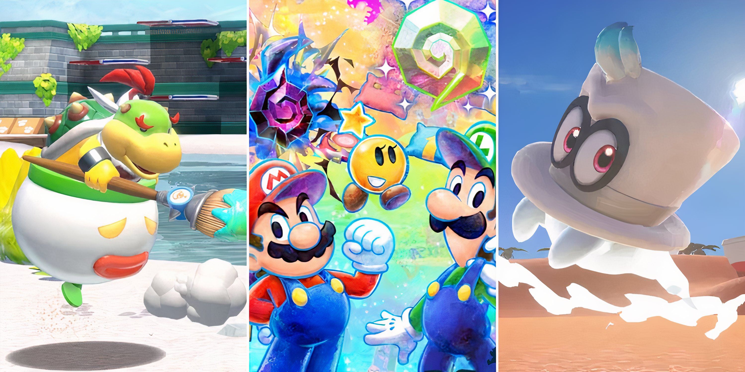 Bowser Jr. floats down the beach, Starlow floats between Mario and Luigi, Cappy soars over the desert.