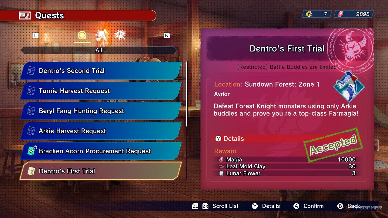 Dentro's first trial quest rewards are shown in farmagia.