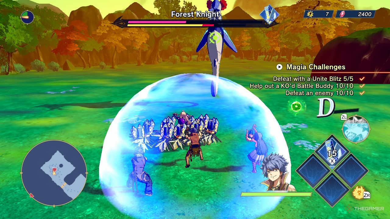 The player is guarding against the Forest Knight in Farmagia.