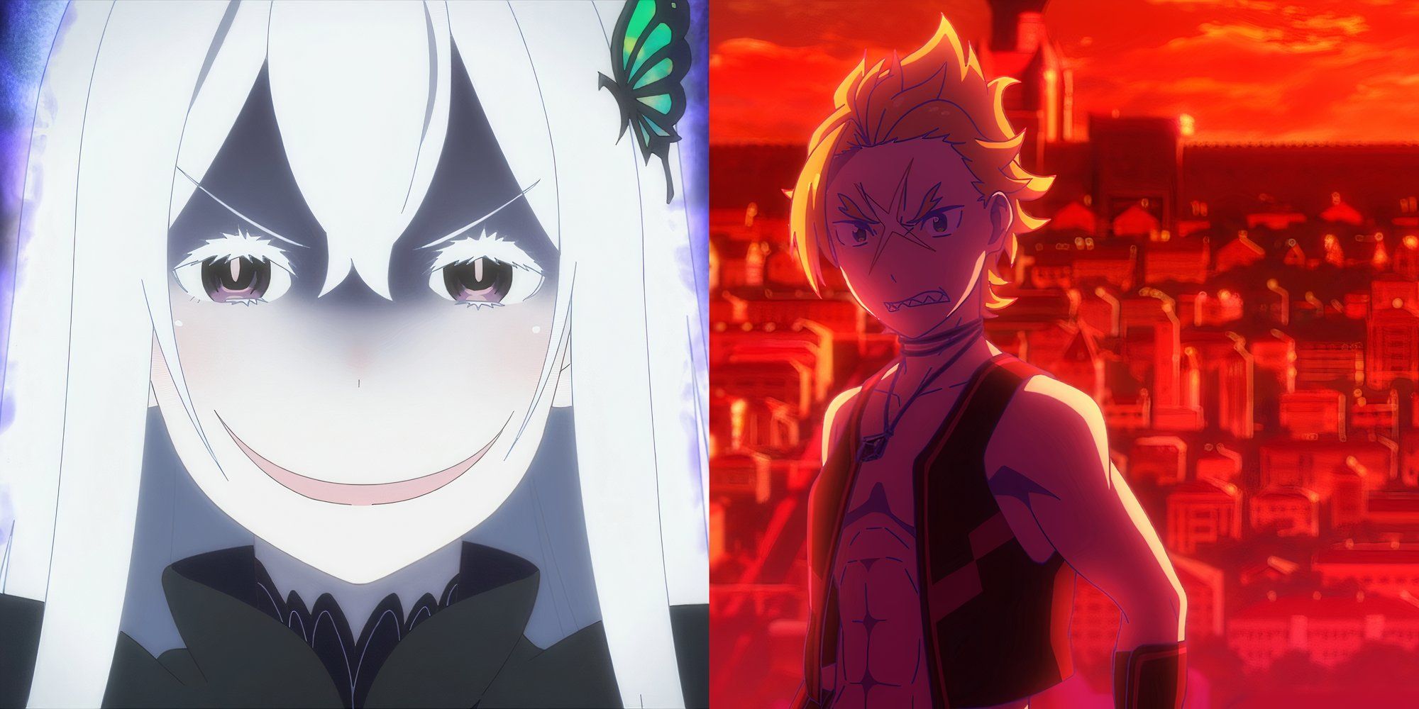 Echidna looking evil and Garfiel infront of a red background of Priestella in Re:Zero