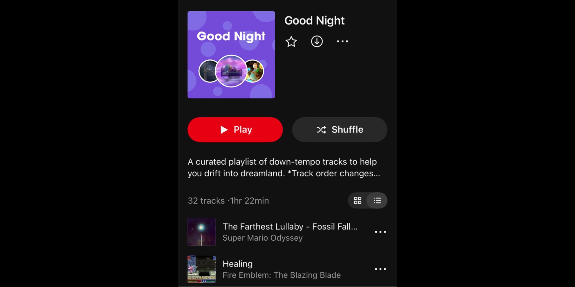 The Good Night playlist from the Nintendo Music App