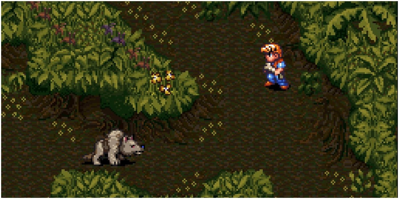 a character approaching a bear in a wooded area in secret of evermore.