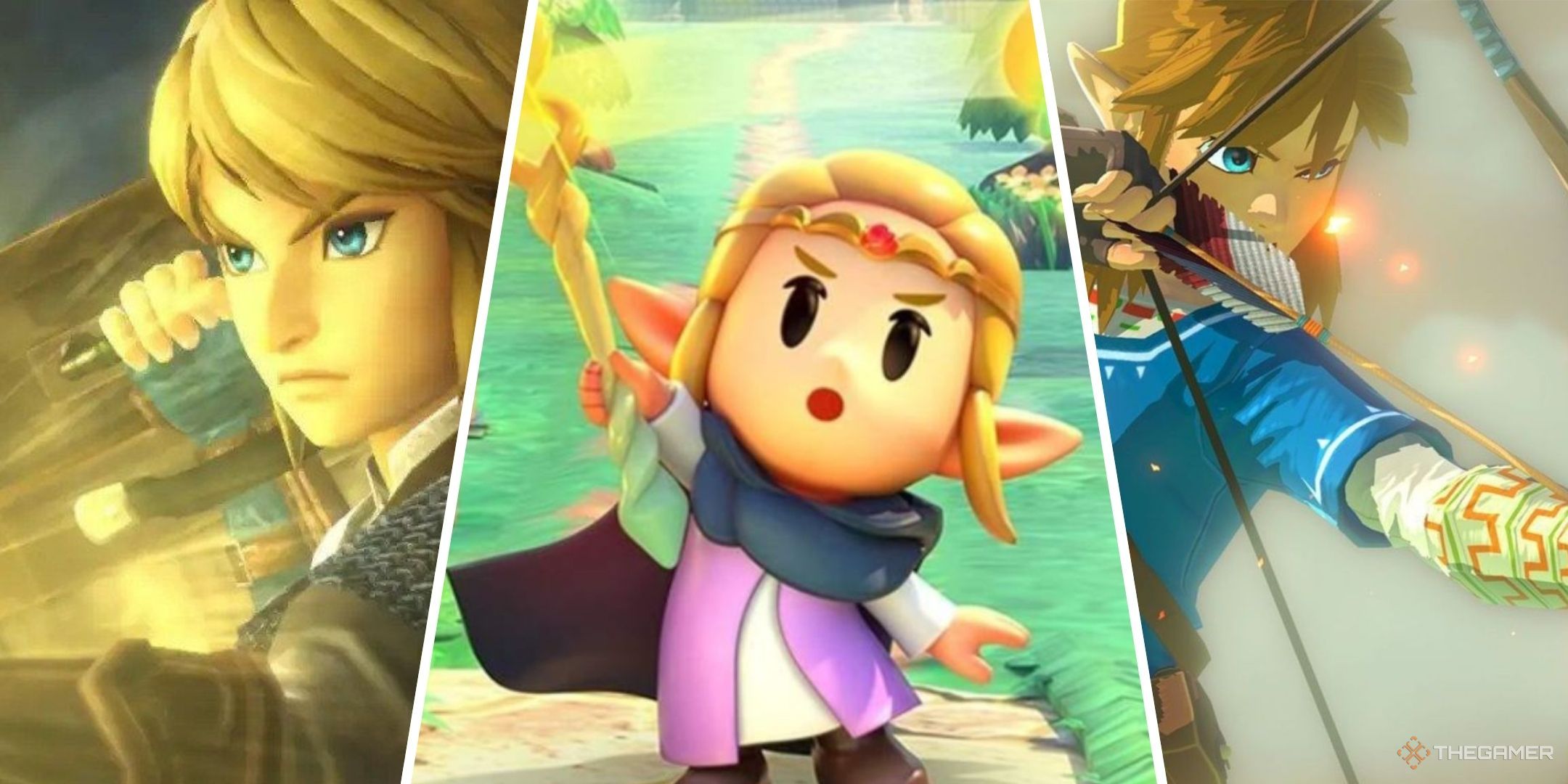 The Legend of Zelda split image featuring screenshots from Hyrule Warriors, Echoes of Wisdom, and Breath of the Wild.