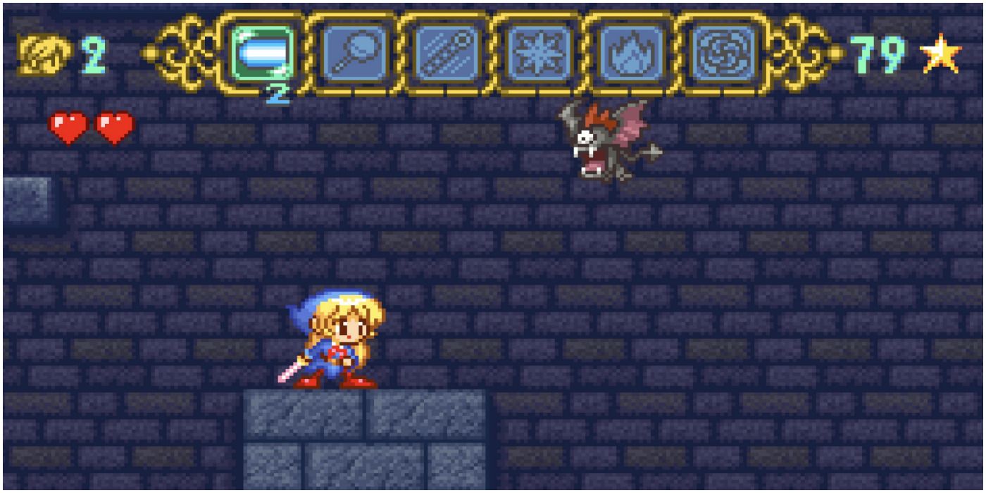 a small character and an enemy bat on screen in magical pop'n.