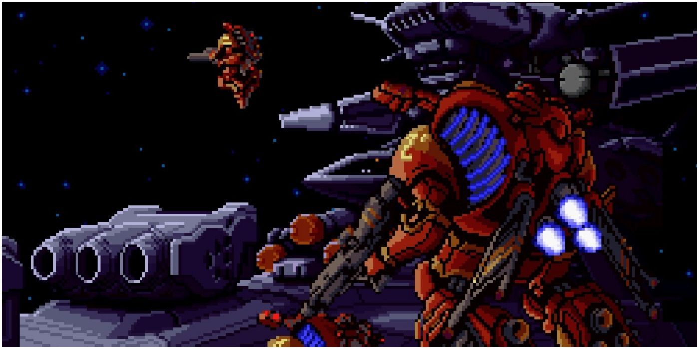 a pixel-art scene from metal warriors set in space.