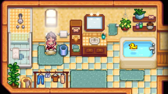 A player character sits in their bathroom in Stardew Valley, kitted out with Bathroom Furniture in one of the best Stardew Valley mods.