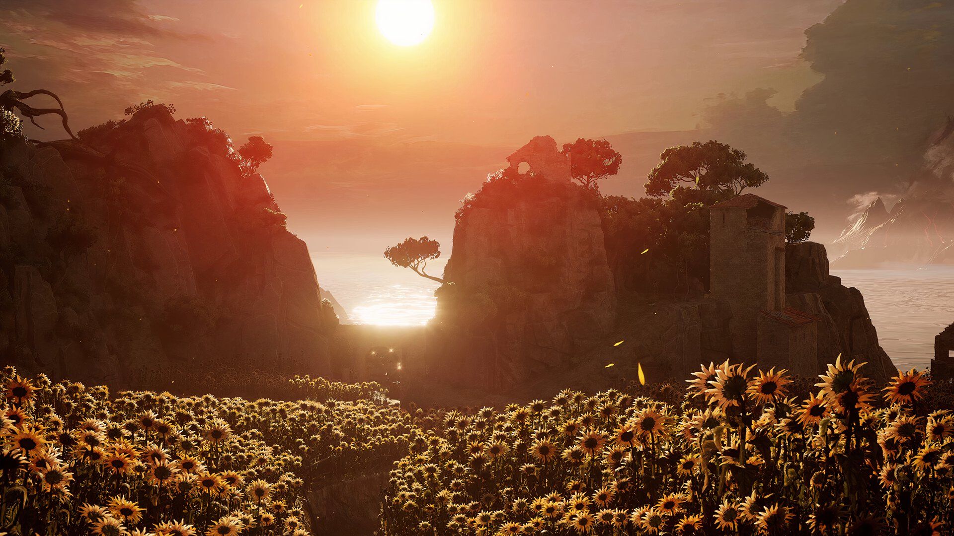 A field full of sunflowers in Enotria with a tree in the distance.